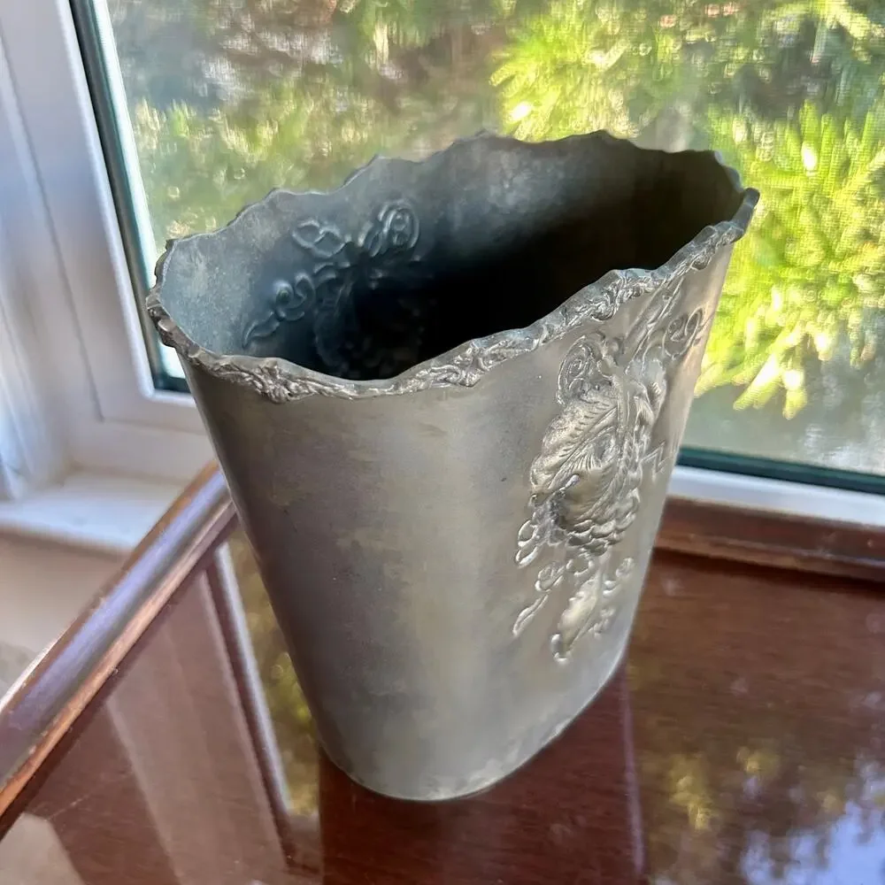 Vintage Bronze Tone Metal Raised Relief Floral Grapes Basket Bucket Flower Bin